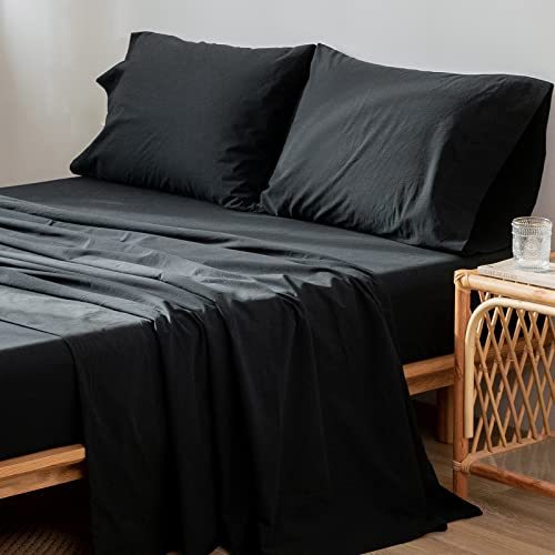 1   MooMee Bedding Sheet Set 100% Washed Cotton Linen Like Textured Breathable Durable Soft Comfy (Dark Grey, King)