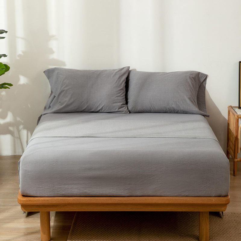 1   MooMee Bedding Sheet Set 100% Washed Cotton Linen Like Textured Breathable Durable Soft Comfy (Dark Grey, King)