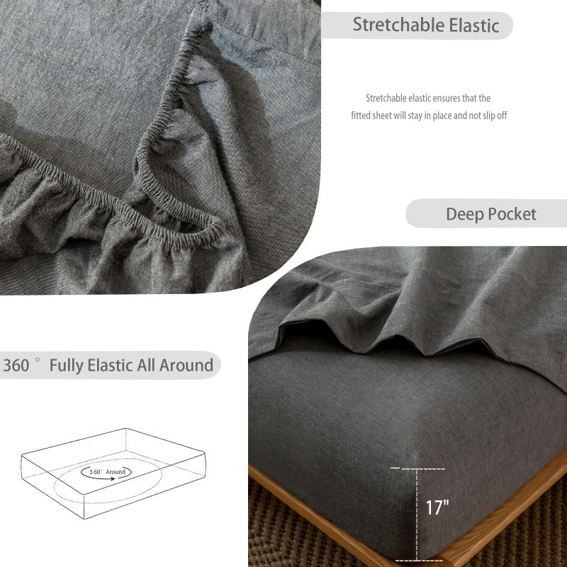 1   MooMee Bedding Sheet Set 100% Washed Cotton Linen Like Textured Breathable Durable Soft Comfy (Dark Grey, King)