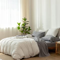 1   MooMee Bedding Sheet Set 100% Washed Cotton Linen Like Textured Breathable Durable Soft Comfy (Dark Grey, King)
