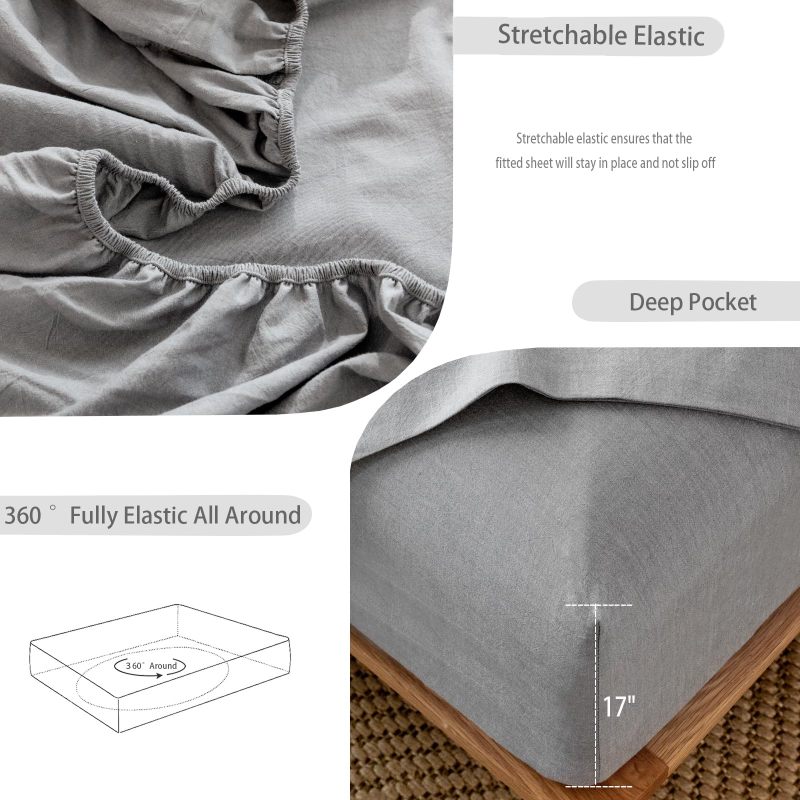1   MooMee Bedding Sheet Set 100% Washed Cotton Linen Like Textured Breathable Durable Soft Comfy (Dark Grey, King)