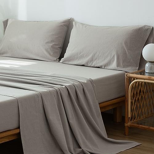 1   MooMee Bedding Sheet Set 100% Washed Cotton Linen Like Textured Breathable Durable Soft Comfy (Dark Grey, King)