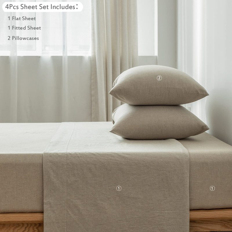 1   MooMee Bedding Sheet Set 100% Washed Cotton Linen Like Textured Breathable Durable Soft Comfy (Dark Grey, King)