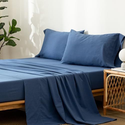 1   MooMee Bedding Sheet Set 100% Washed Cotton Linen Like Textured Breathable Durable Soft Comfy (Dark Grey, King)