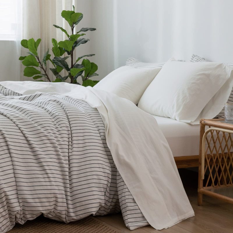 1   MooMee Bedding Sheet Set 100% Washed Cotton Linen Like Textured Breathable Durable Soft Comfy (Dark Grey, King)