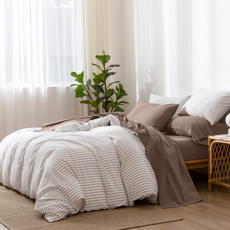 1   MooMee Bedding Sheet Set 100% Washed Cotton Linen Like Textured Breathable Durable Soft Comfy (Dark Grey, King)
