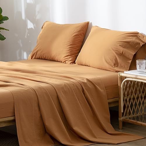 1   MooMee Bedding Sheet Set 100% Washed Cotton Linen Like Textured Breathable Durable Soft Comfy (Dark Grey, King)