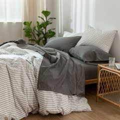 1   MooMee Bedding Sheet Set 100% Washed Cotton Linen Like Textured Breathable Durable Soft Comfy (Dark Grey, King)