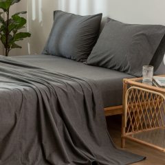1   MooMee Bedding Sheet Set 100% Washed Cotton Linen Like Textured Breathable Durable Soft Comfy (Dark Grey, King)