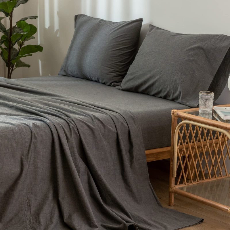 1   MooMee Bedding Sheet Set 100% Washed Cotton Linen Like Textured Breathable Durable Soft Comfy (Dark Grey, King)