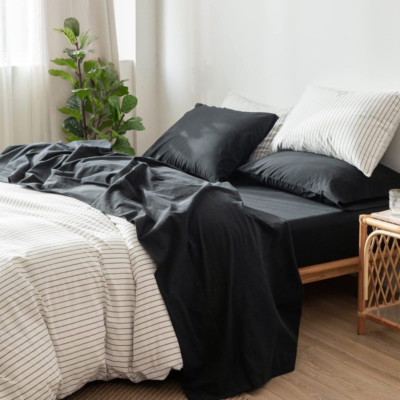 1   MooMee Bedding Sheet Set 100% Washed Cotton Linen Like Textured Breathable Durable Soft Comfy (Dark Grey, King)