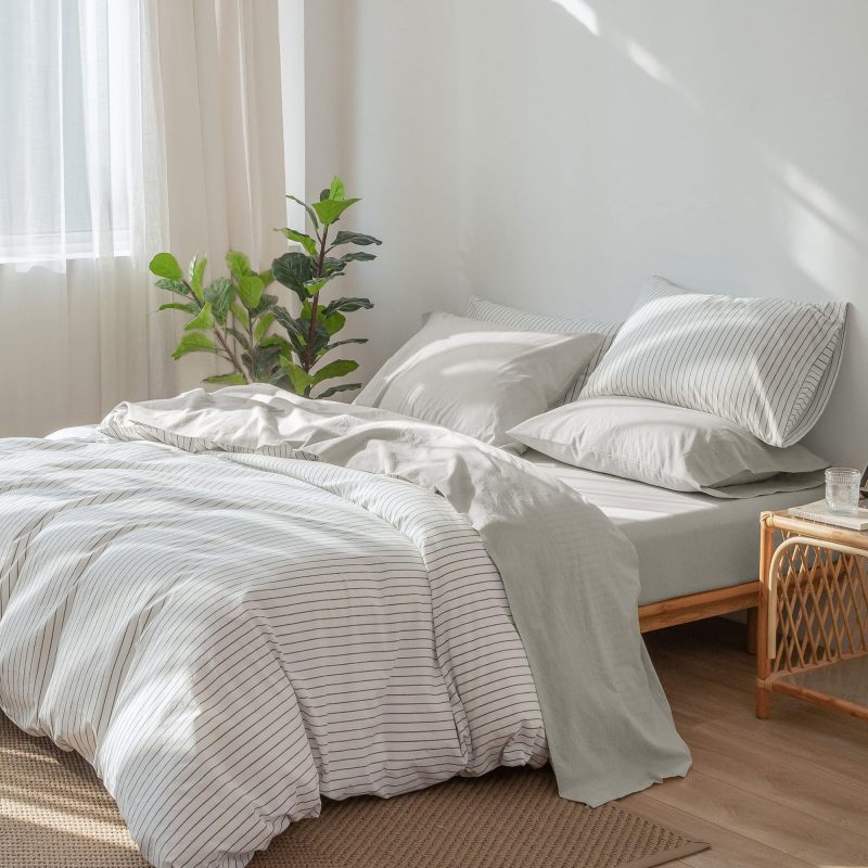 1   MooMee Bedding Sheet Set 100% Washed Cotton Linen Like Textured Breathable Durable Soft Comfy (Dark Grey, King)