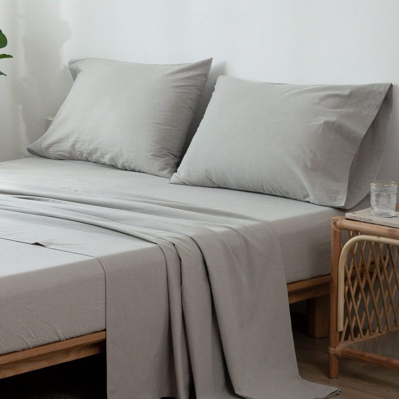 1   MooMee Bedding Sheet Set 100% Washed Cotton Linen Like Textured Breathable Durable Soft Comfy (Dark Grey, King)