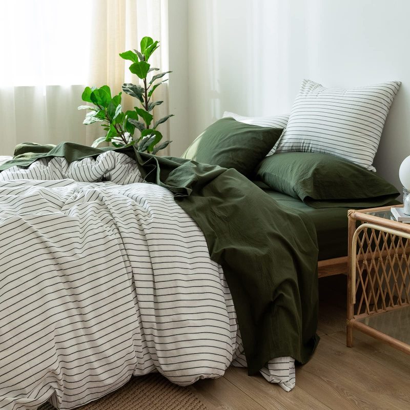 1   MooMee Bedding Sheet Set 100% Washed Cotton Linen Like Textured Breathable Durable Soft Comfy (Dark Grey, King)