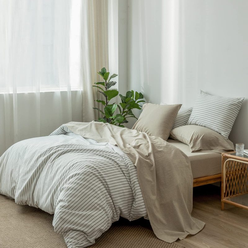 1   MooMee Bedding Sheet Set 100% Washed Cotton Linen Like Textured Breathable Durable Soft Comfy (Dark Grey, King)