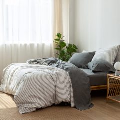 1   MooMee Bedding Sheet Set 100% Washed Cotton Linen Like Textured Breathable Durable Soft Comfy (Dark Grey, King)