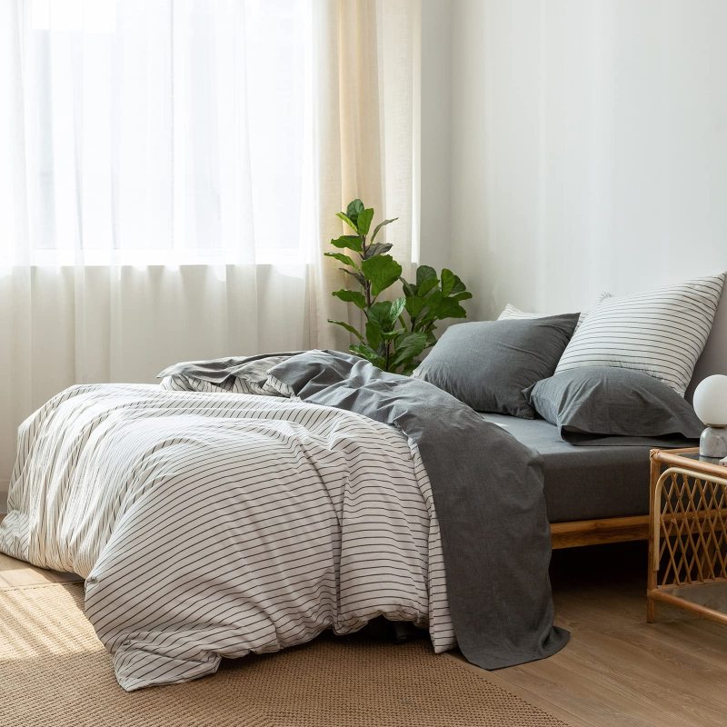1   MooMee Bedding Sheet Set 100% Washed Cotton Linen Like Textured Breathable Durable Soft Comfy (Dark Grey, King)