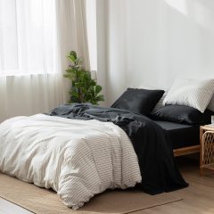 1   MooMee Bedding Sheet Set 100% Washed Cotton Linen Like Textured Breathable Durable Soft Comfy (Dark Grey, King)