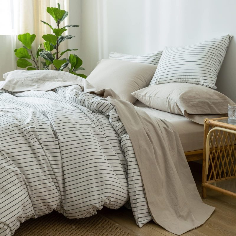 1   MooMee Bedding Sheet Set 100% Washed Cotton Linen Like Textured Breathable Durable Soft Comfy (Dark Grey, King)