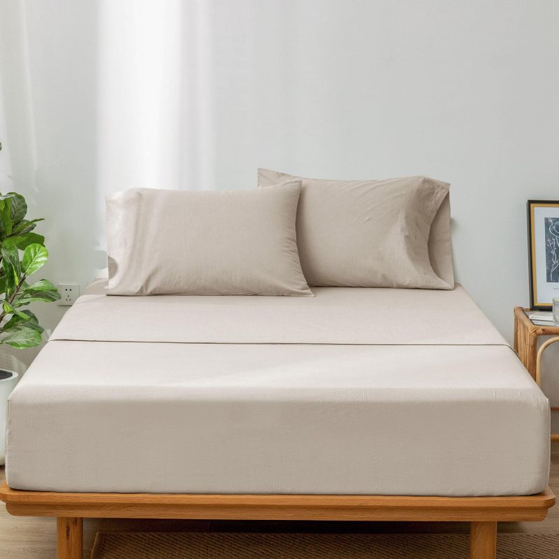 1   MooMee Bedding Sheet Set 100% Washed Cotton Linen Like Textured Breathable Durable Soft Comfy (Dark Grey, King)