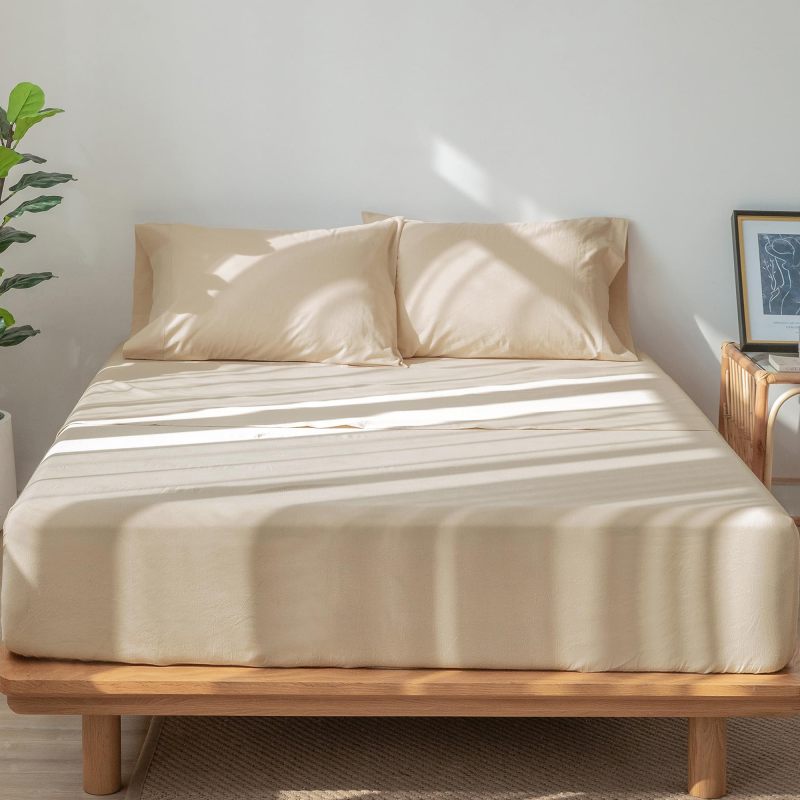 1   MooMee Bedding Sheet Set 100% Washed Cotton Linen Like Textured Breathable Durable Soft Comfy (Dark Grey, King)