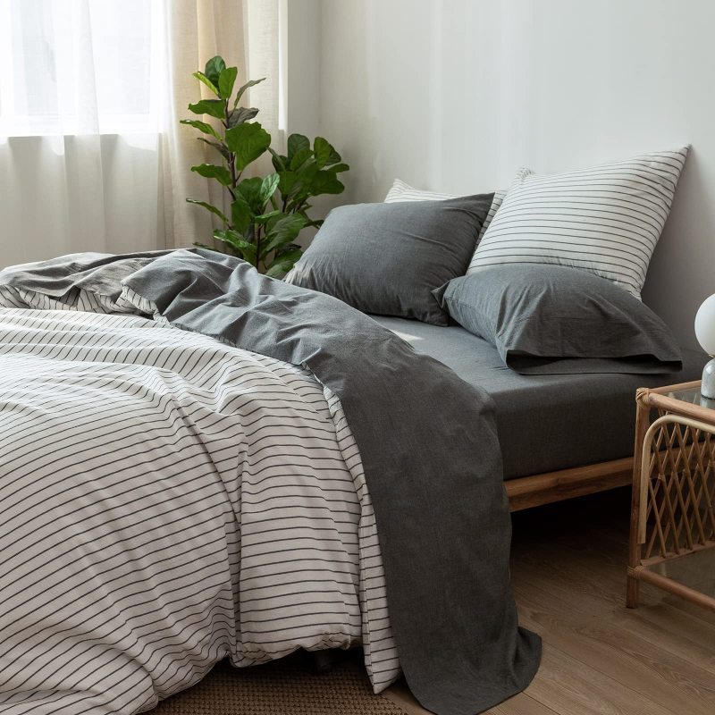 1   MooMee Bedding Sheet Set 100% Washed Cotton Linen Like Textured Breathable Durable Soft Comfy (Dark Grey, King)