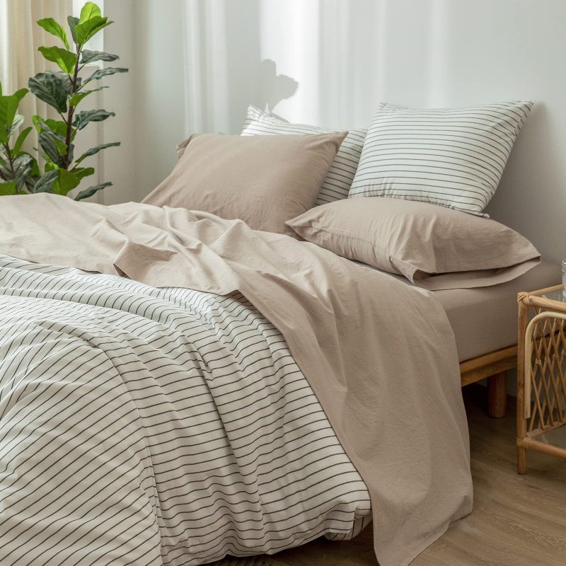 1   MooMee Bedding Sheet Set 100% Washed Cotton Linen Like Textured Breathable Durable Soft Comfy (Dark Grey, King)