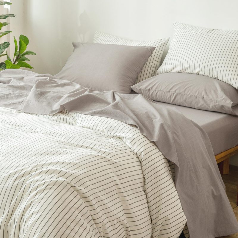 1   MooMee Bedding Sheet Set 100% Washed Cotton Linen Like Textured Breathable Durable Soft Comfy (Dark Grey, King)