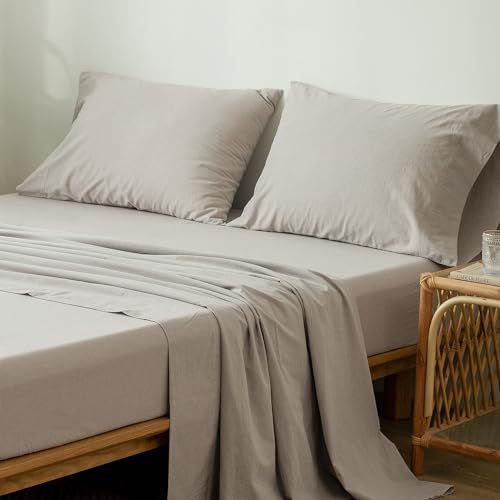 1   MooMee Bedding Sheet Set 100% Washed Cotton Linen Like Textured Breathable Durable Soft Comfy (Dark Grey, King)