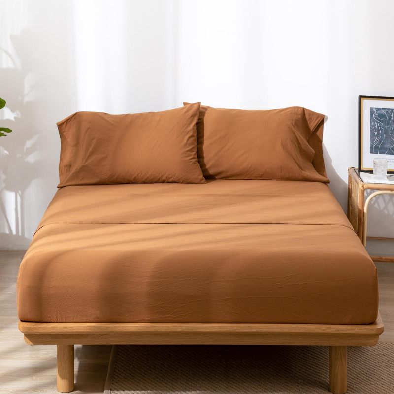 1   MooMee Bedding Sheet Set 100% Washed Cotton Linen Like Textured Breathable Durable Soft Comfy (Dark Grey, King)