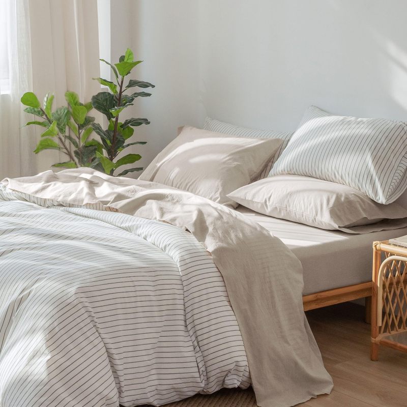 1   MooMee Bedding Sheet Set 100% Washed Cotton Linen Like Textured Breathable Durable Soft Comfy (Dark Grey, King)