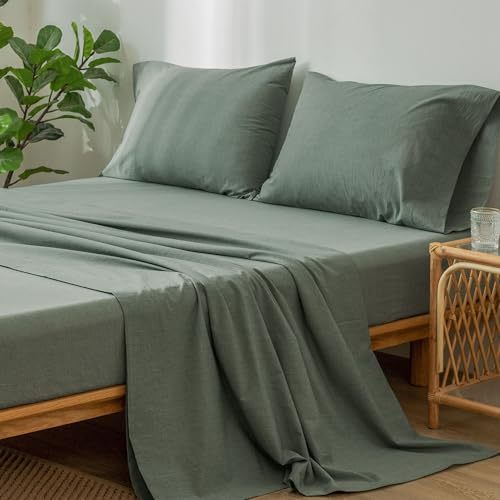 1   MooMee Bedding Sheet Set 100% Washed Cotton Linen Like Textured Breathable Durable Soft Comfy (Dark Grey, King)