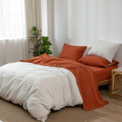 1   MooMee Bedding Sheet Set 100% Washed Cotton Linen Like Textured Breathable Durable Soft Comfy (Dark Grey, King)