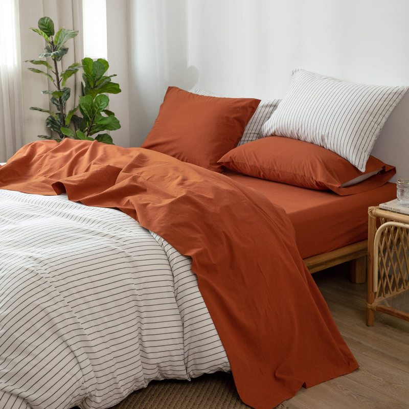改MooMee Bedding Sheet Set 100% Washed Cotton Linen Like Textured Breathable Durable Soft Comfy (Dark Grey, King)