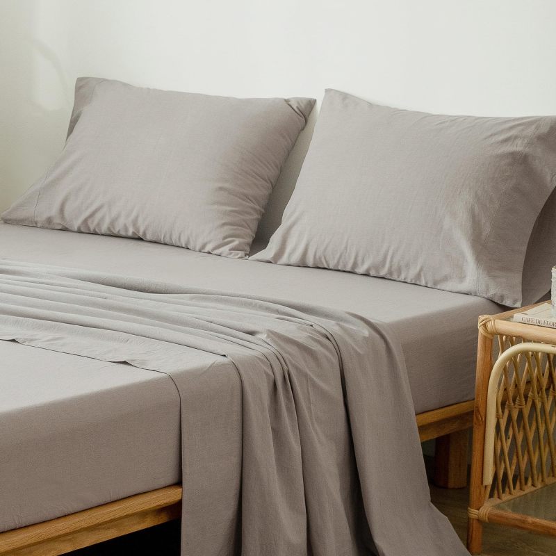 1   MooMee Bedding Sheet Set 100% Washed Cotton Linen Like Textured Breathable Durable Soft Comfy (Dark Grey, King)