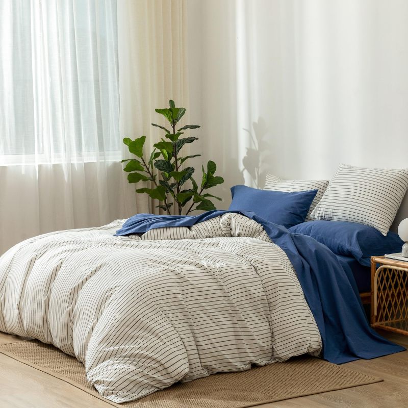 1   MooMee Bedding Sheet Set 100% Washed Cotton Linen Like Textured Breathable Durable Soft Comfy (Dark Grey, King)