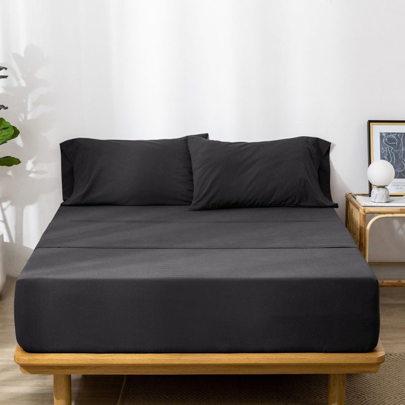 1   MooMee Bedding Sheet Set 100% Washed Cotton Linen Like Textured Breathable Durable Soft Comfy (Dark Grey, King)