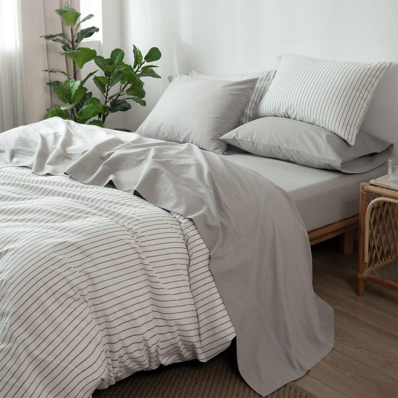 1   MooMee Bedding Sheet Set 100% Washed Cotton Linen Like Textured Breathable Durable Soft Comfy (Dark Grey, King)