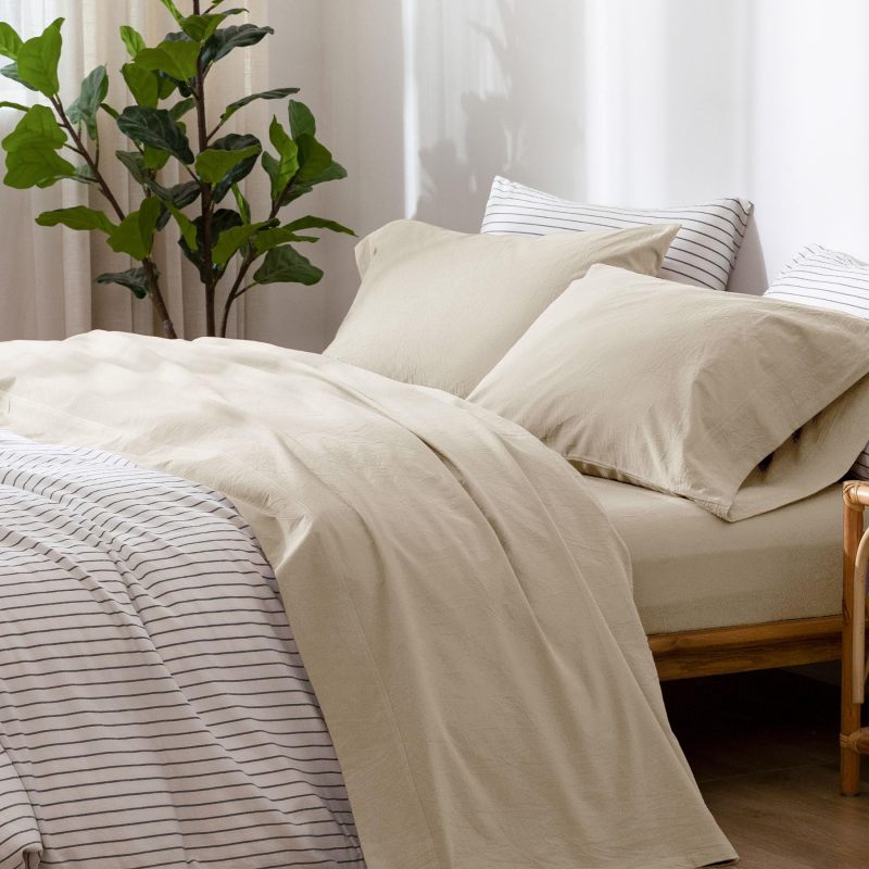 1   MooMee Bedding Sheet Set 100% Washed Cotton Linen Like Textured Breathable Durable Soft Comfy (Dark Grey, King)