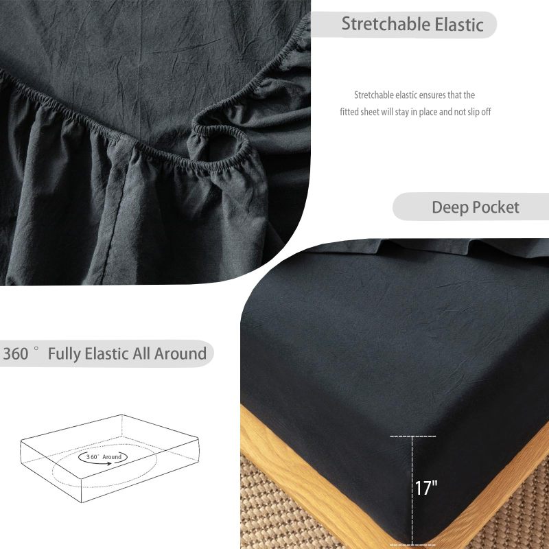 1   MooMee Bedding Sheet Set 100% Washed Cotton Linen Like Textured Breathable Durable Soft Comfy (Dark Grey, King)