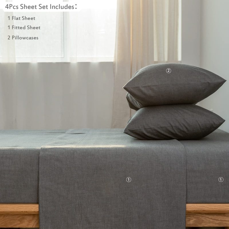 1   MooMee Bedding Sheet Set 100% Washed Cotton Linen Like Textured Breathable Durable Soft Comfy (Dark Grey, King)