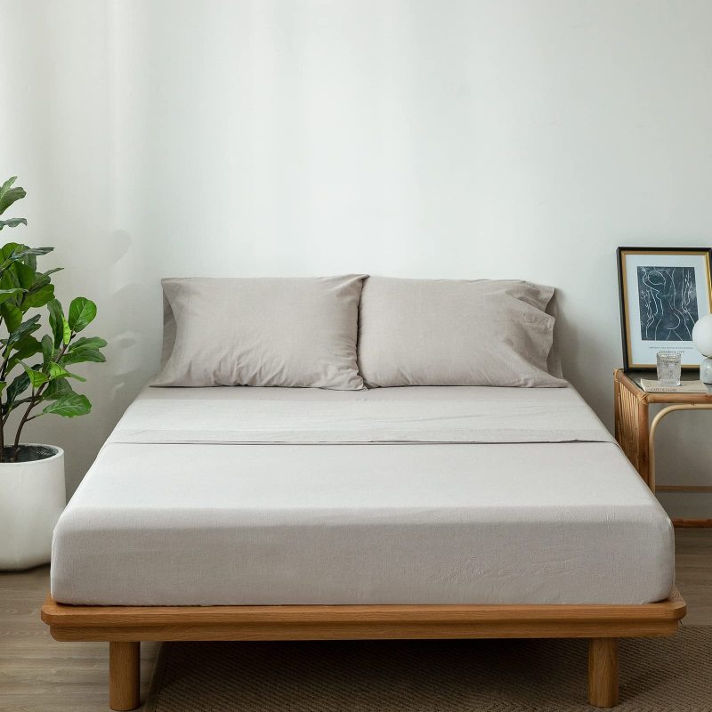 1   MooMee Bedding Sheet Set 100% Washed Cotton Linen Like Textured Breathable Durable Soft Comfy (Dark Grey, King)