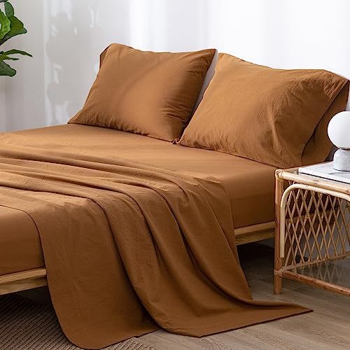 1   MooMee Bedding Sheet Set 100% Washed Cotton Linen Like Textured Breathable Durable Soft Comfy (Dark Grey, King)