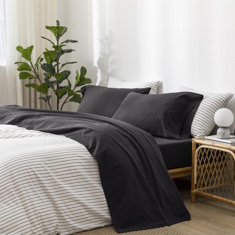 1   MooMee Bedding Sheet Set 100% Washed Cotton Linen Like Textured Breathable Durable Soft Comfy (Dark Grey, King)
