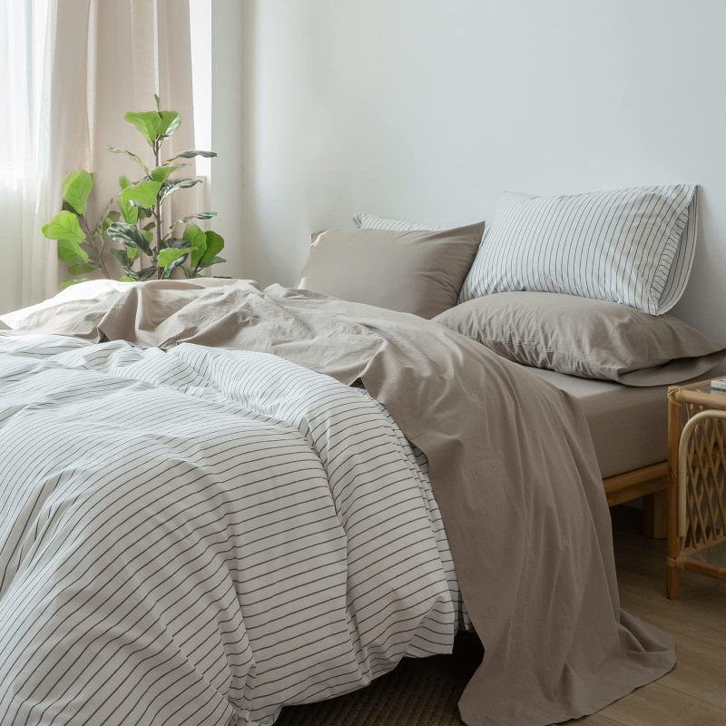 1   MooMee Bedding Sheet Set 100% Washed Cotton Linen Like Textured Breathable Durable Soft Comfy (Dark Grey, King)