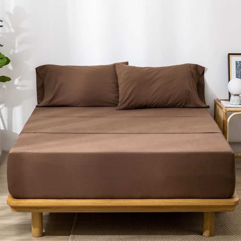 1   MooMee Bedding Sheet Set 100% Washed Cotton Linen Like Textured Breathable Durable Soft Comfy (Dark Grey, King)