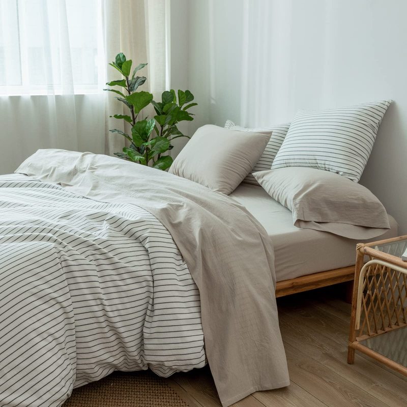 1   MooMee Bedding Sheet Set 100% Washed Cotton Linen Like Textured Breathable Durable Soft Comfy (Dark Grey, King)