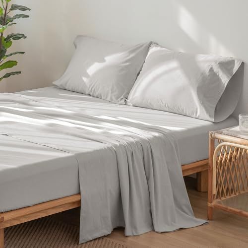 1   MooMee Bedding Sheet Set 100% Washed Cotton Linen Like Textured Breathable Durable Soft Comfy (Dark Grey, King)