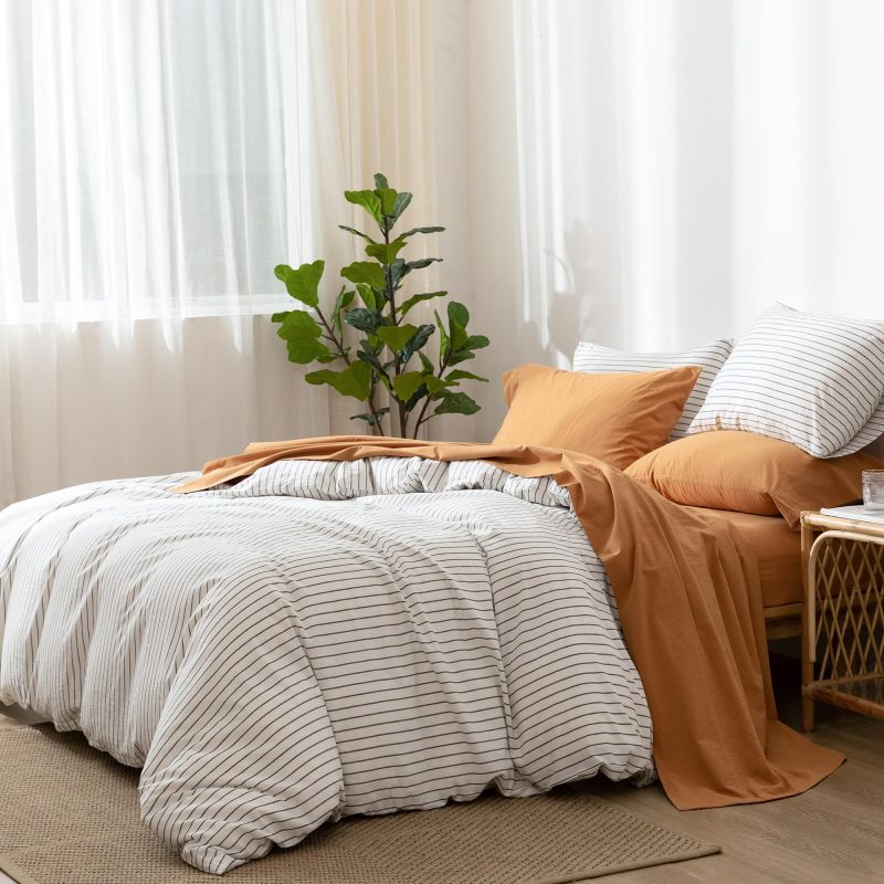 1   MooMee Bedding Sheet Set 100% Washed Cotton Linen Like Textured Breathable Durable Soft Comfy (Dark Grey, King)