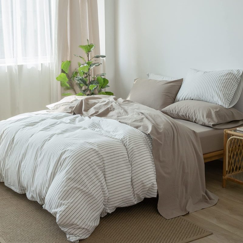 1   MooMee Bedding Sheet Set 100% Washed Cotton Linen Like Textured Breathable Durable Soft Comfy (Dark Grey, King)